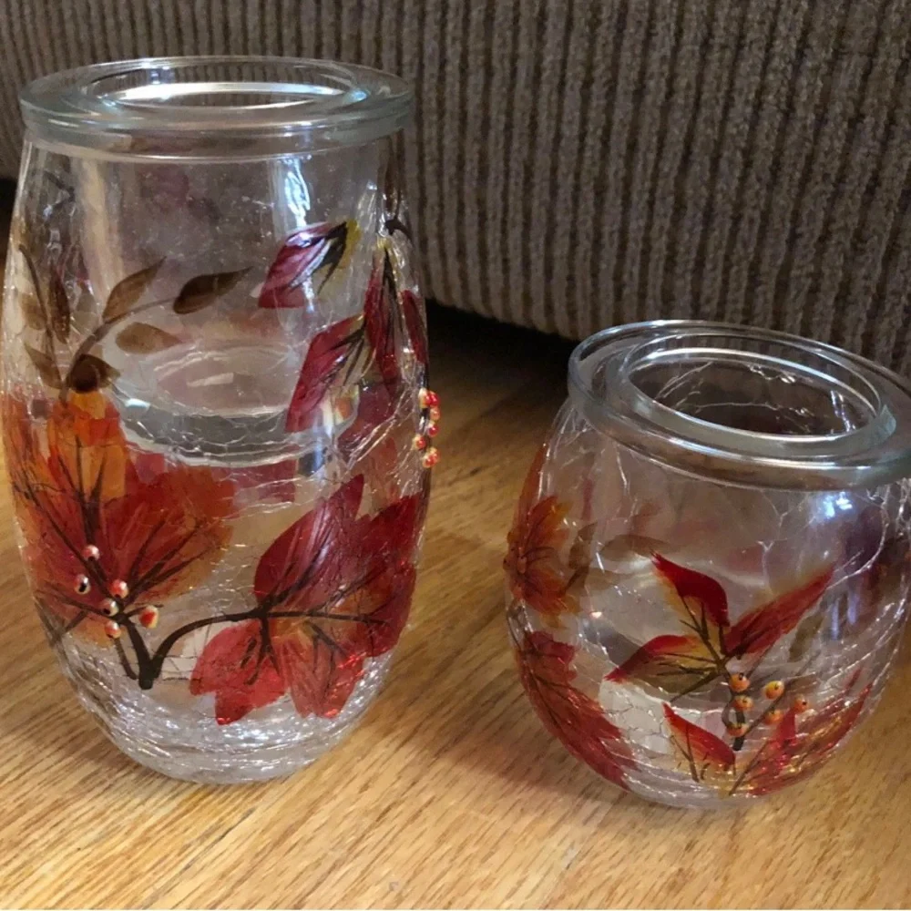 Yankee Candle AUTUMN LEAVES Crackle Glass Tea-light Candle Holder Set